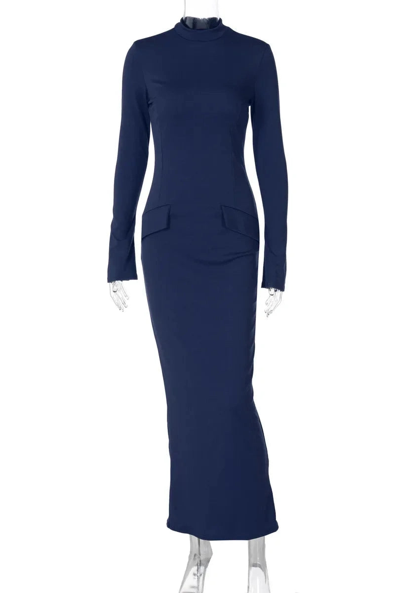 Glorol - Elegant Turtleneck Long Sleeve Maxi Dress