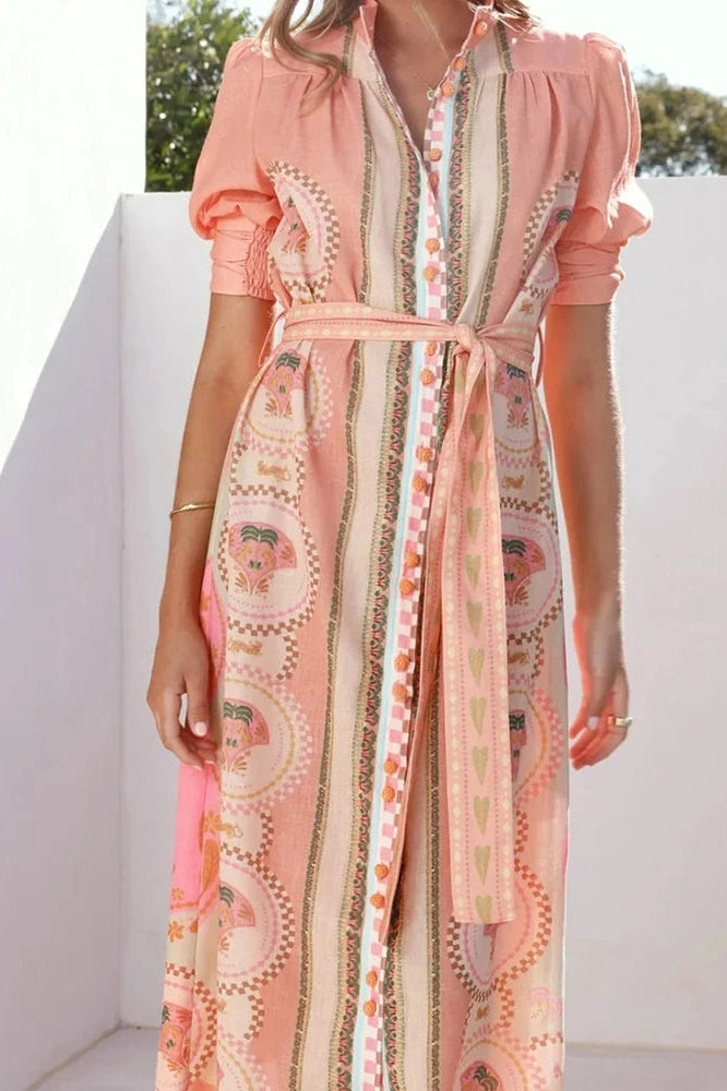 Glorol - Elegant Lace Up High Waist Printed Short Sleeve Pleated Midi Dress