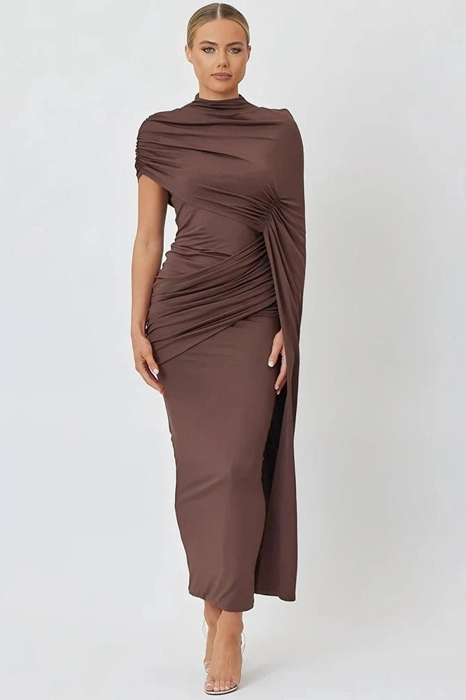 Glorol - Elegant High Collar Short Sleeve High Waist Maxi Dress