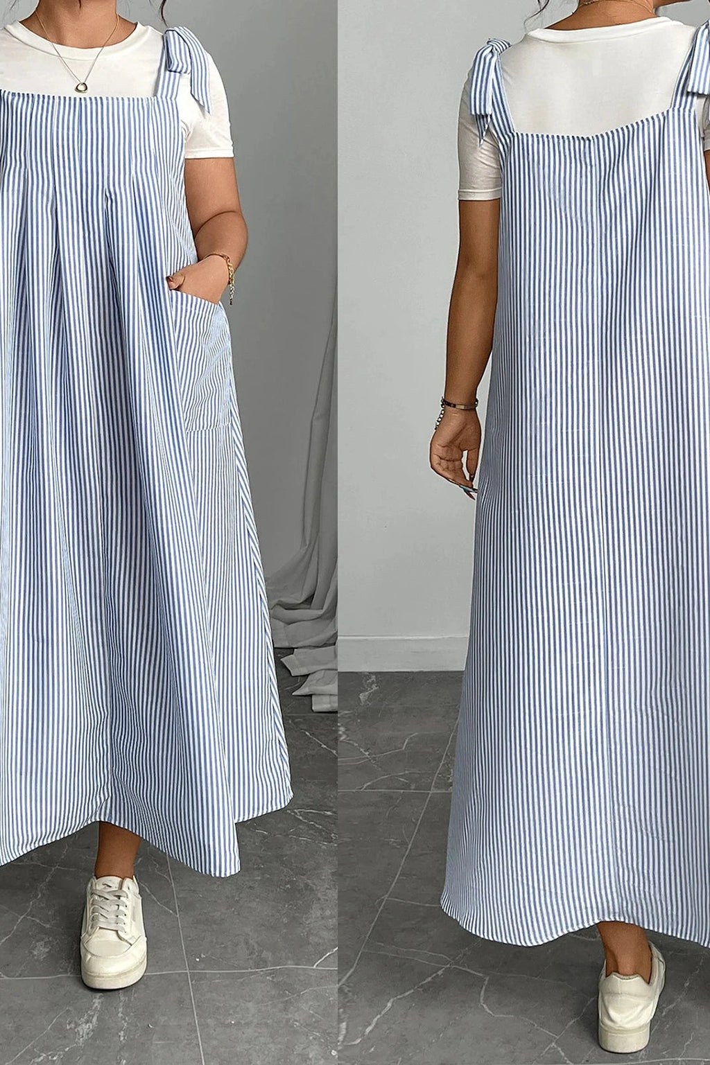 Glorol - Sleeveless Tie Shoulder Striped Loose Maxi Dress