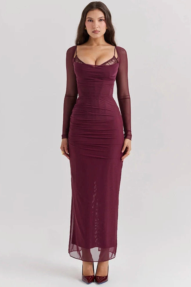 Glorol - Elegant Sheer Long Sleeve Strapless Maxi Dress