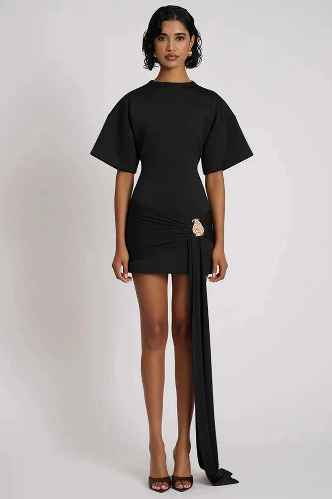 Glorol - Short Sleeve O Neck High Waist Mini Dress