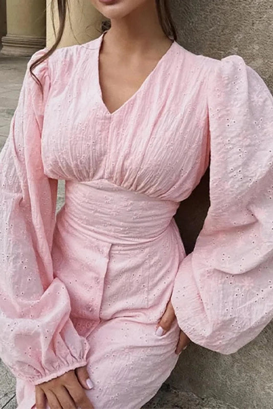 Glorol - Elegant Hollow Out V-Neck High Waist Lantern Sleeve Maxi Dress