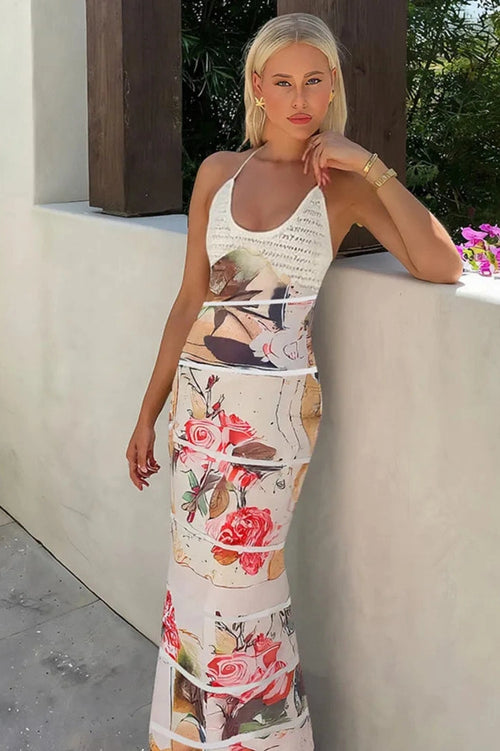 Glorol - Backless Printed Patchwork Lace-up Sleeveless Bodycon Maxi Dress