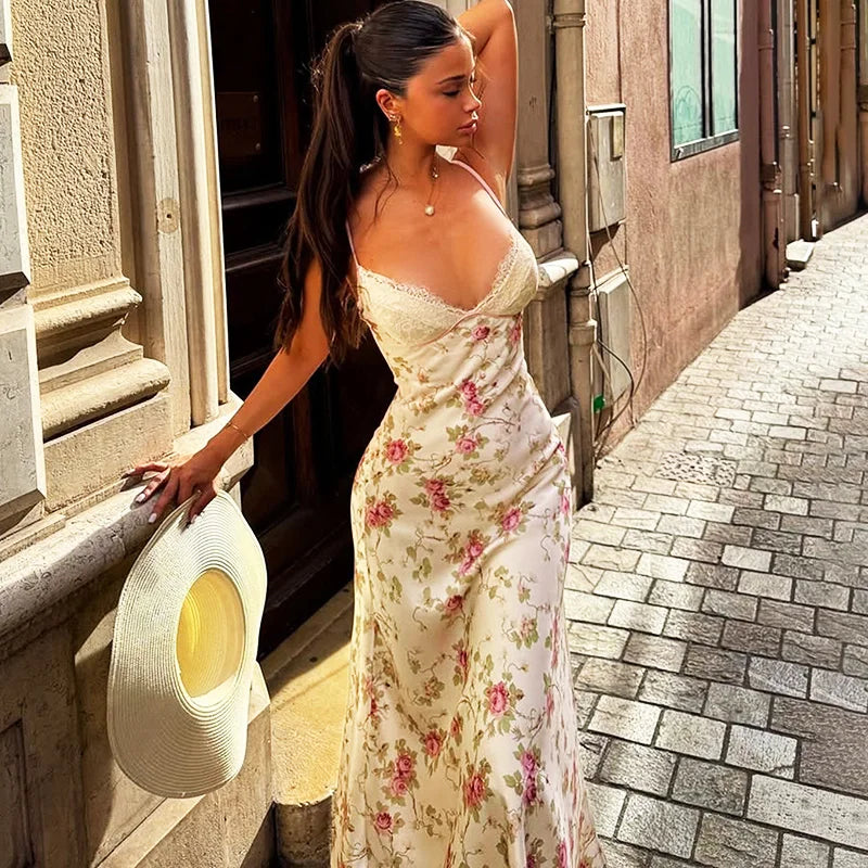 Glorol - Elegant Print Patchwork Backless Midi Dress