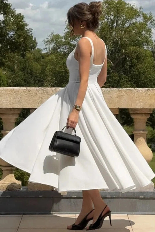 Glorol - Elegant Square Collar Sleeveless High Waist Pleated Maxi Dress