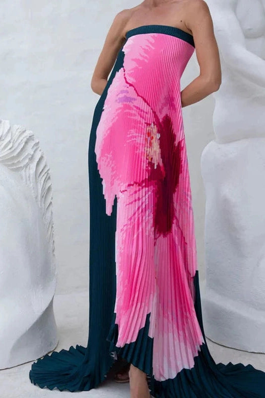 Glorol - Elegant Strapless Off Shoulder Printed Maxi Dress