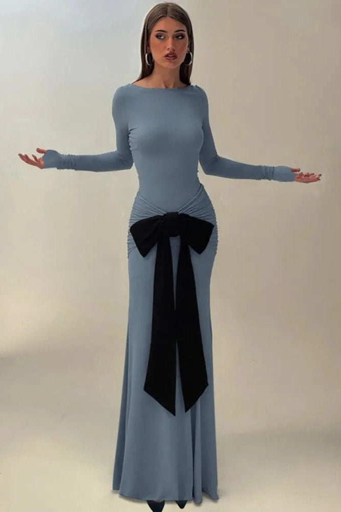 Glorol - Long Sleeve Patchwork O Neck Bodycon Maxi Dress