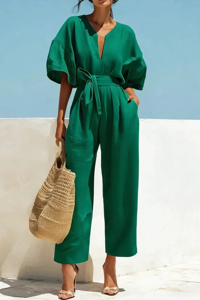 Glorol - Lace-Up Waist Cotton V-Neck Half Sleeve Jumpsuit