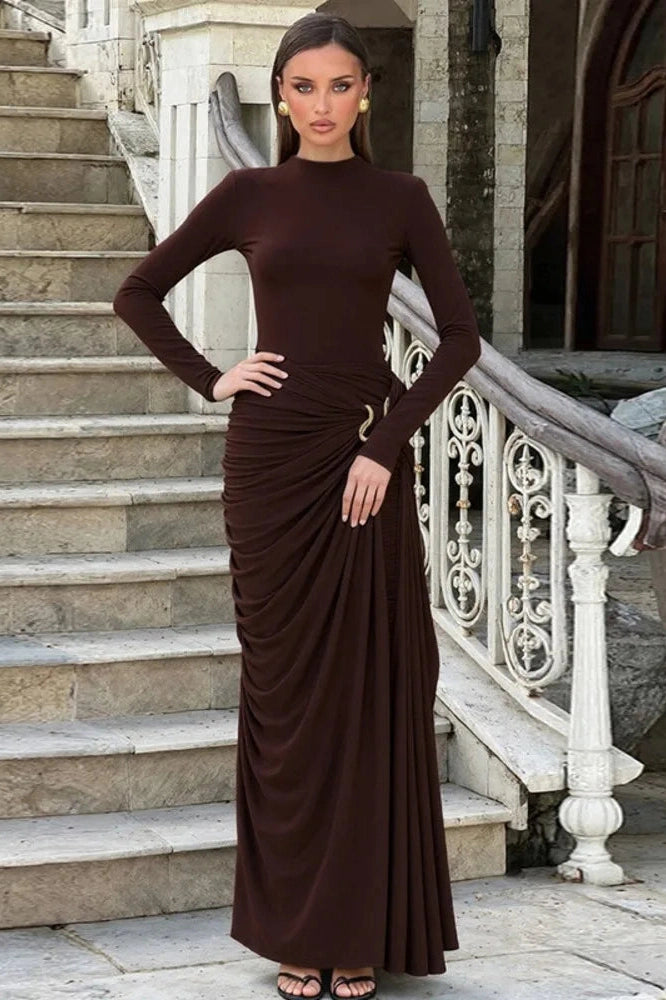 Glorol - Long Sleeve O Neck High Waist Bodycon Maxi Dress