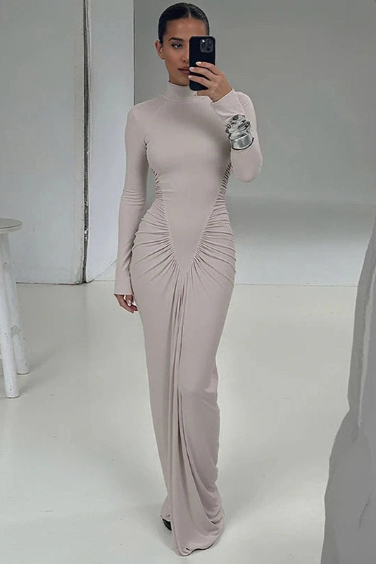 Glorol - Elegant Turtleneck Slim Long Sleeve High Waist Maxi Dress