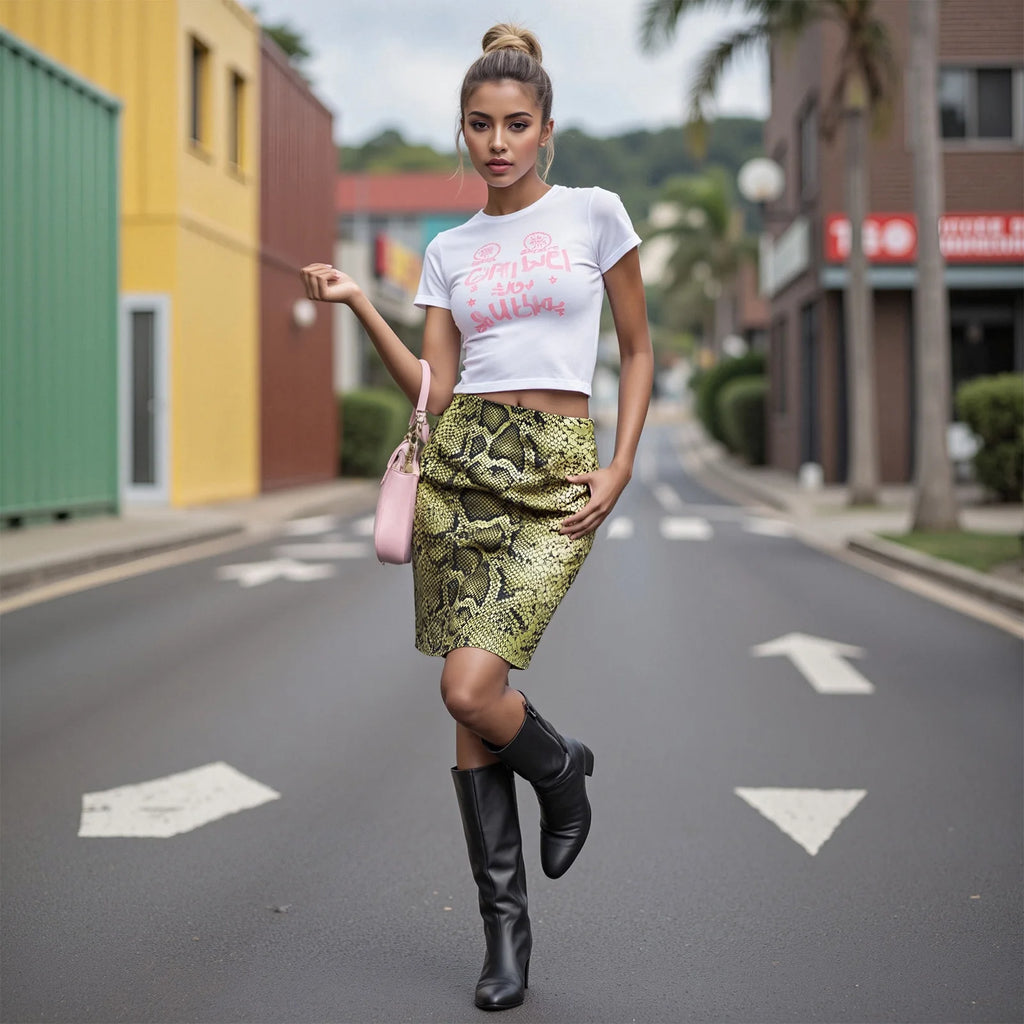 Glorol - High Waist A-Line Serpentine Print Skirt