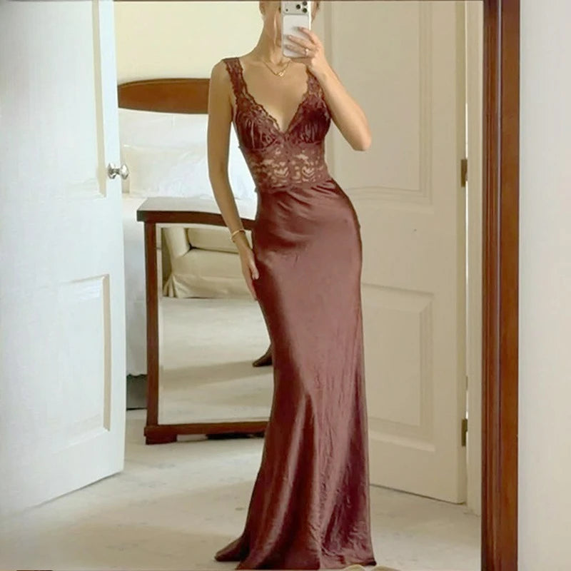 Glorol - Lace Patchwork Hollow Out Backless Maxi Dress