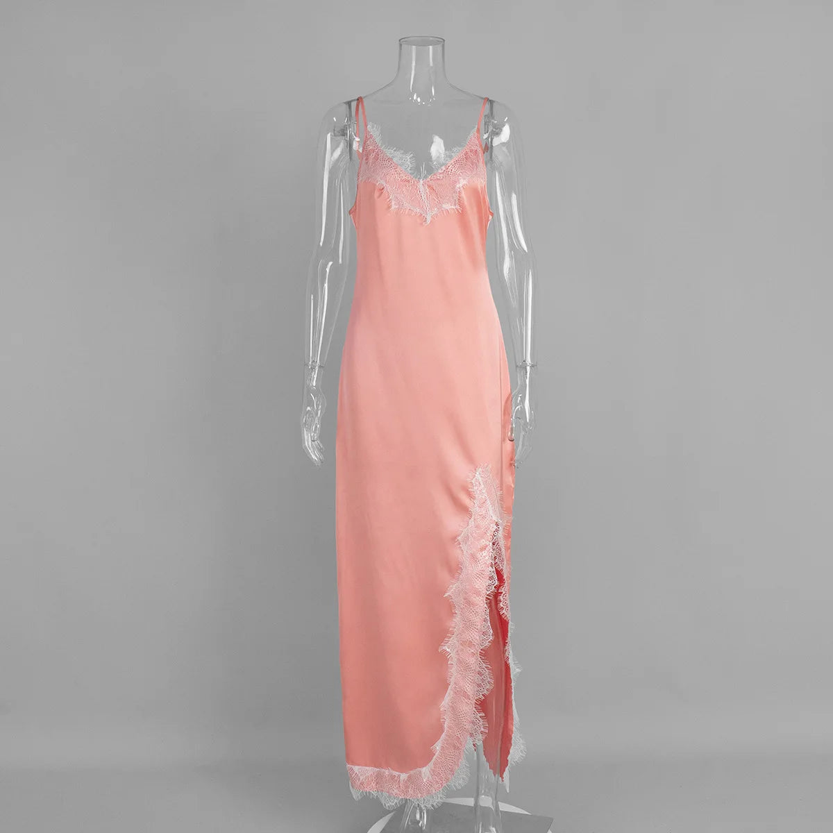 Glorol - Lace Spaghetti Strap V Neck Slit Maxi Dress