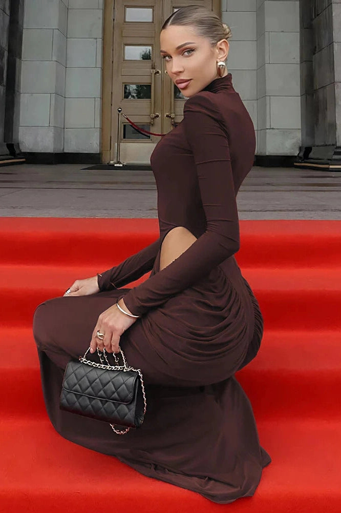 Glorol - Hollow Out Turtleneck Long Sleeve Maxi Dress