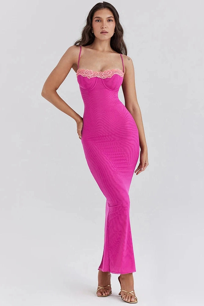 Glorol - Lace Spaghetti Strap Patchwork Sleeveless Bodycon Maxi Dress