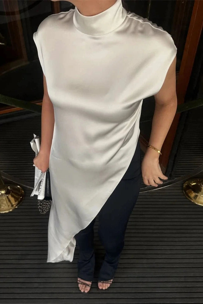 Glorol - Sleeveless Turtleneck Patchwork Slim Midi Dress