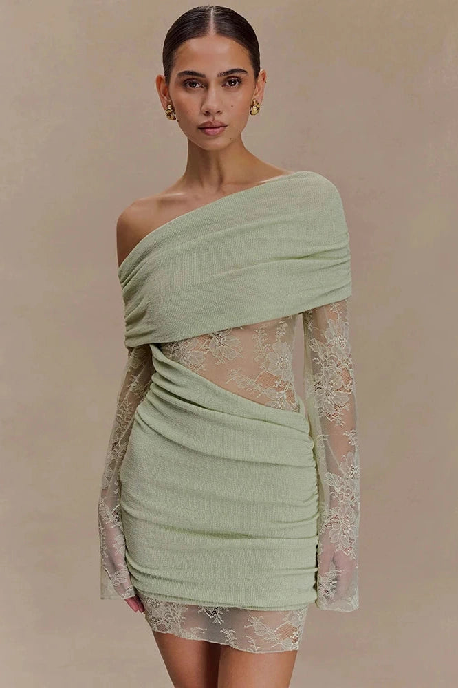 Glorol - One Shoulder Backless Lace Long Sleeve See Through High Waist Mini Dress