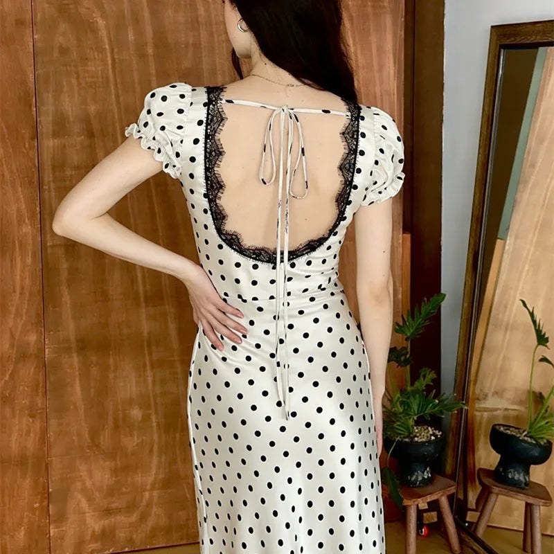 Glorol - Lace Polka Dot V-Neck Patchwork Lace-Up Maxi Dress