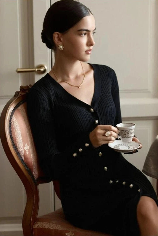 Glorol - Knitting Slim Single-Breasted Long-Sleeved V-Neck High Waist Midi Dress