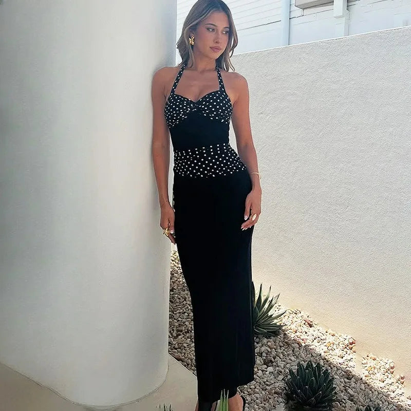 Glorol - Polka Printed Lace-Up V-Neck Patchwork Maxi Dress
