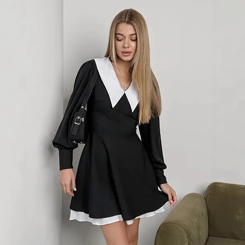 Glorol - Lantern Sleeve High Waist A-Line Mini Dress
