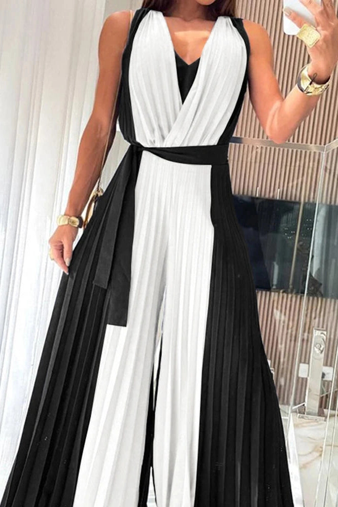 Glorol - Elegant V-Neck Pleated High Waist Hollow Out Jumpsuit