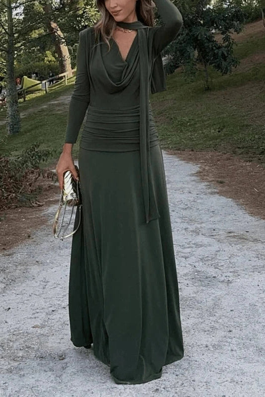 Glorol - Long Sleeve V-Neck Slim High Waist Maxi Dress