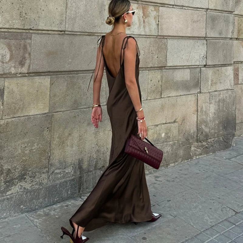Glorol - Spaghetti Strap Backless Lace Up Slim Maxi Dress
