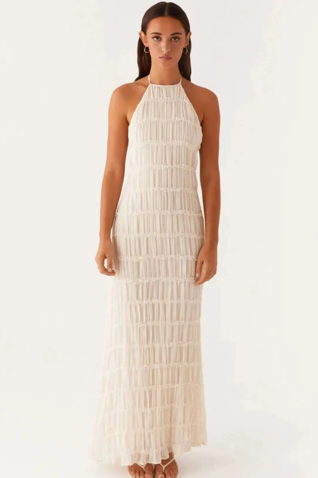 Glorol - Backless Lace-up Sleeveless Pleated Maxi Dress