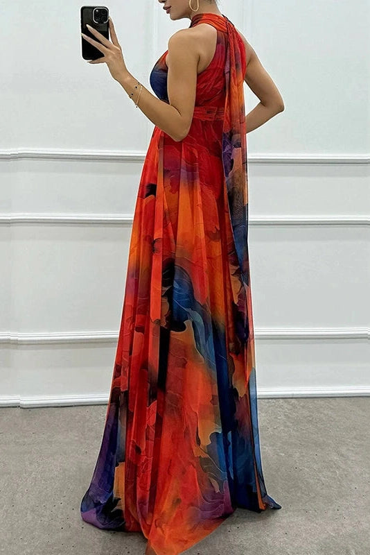 Glorol - Hollow Out Printed Sleeveless High Waist Maxi Dress