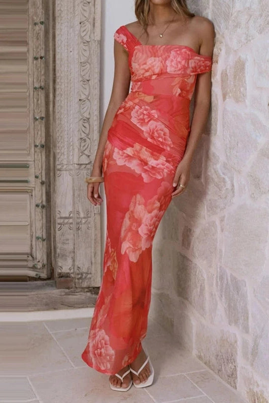 Glorol - Sleeveless High Waist Slash Collar Printed Maxi Dress