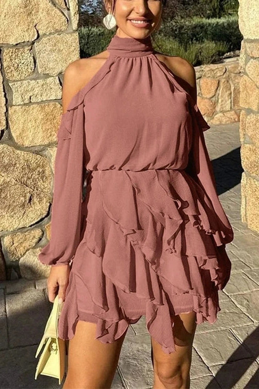 Glorol - Long Sleeve Off-Shoulder High Waist Mini Dress