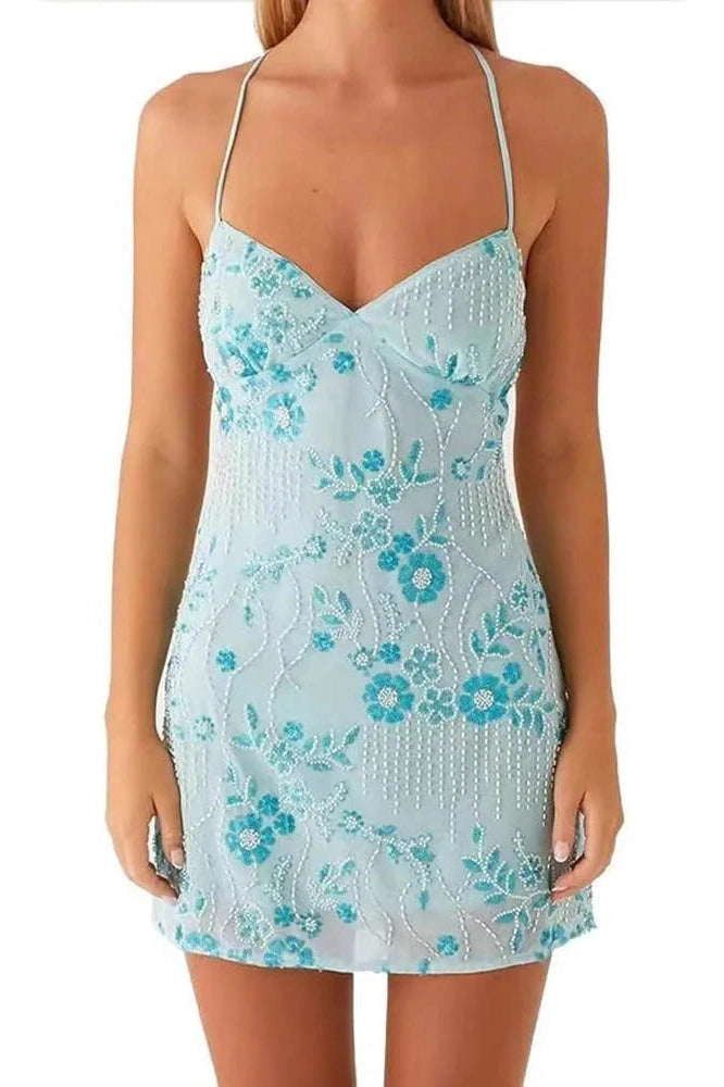 Glorol - Backless Spaghetti Strap Sleeveless Mini Dress