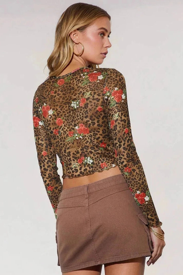 Glorol - Printed Mesh Round Neck Short Long Sleeve Top