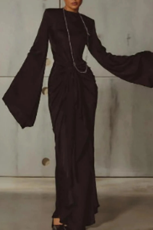 Glorol - O-Neck High Waist Pleated Long Sleeve Slim Maxi Dress