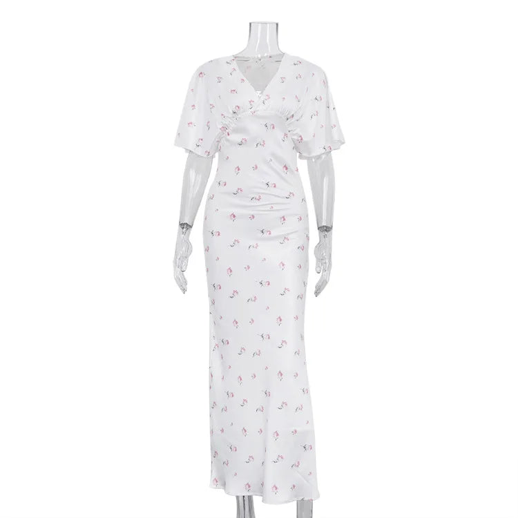 Glorol - Printed V-Neck Short Sleeve Maxi Dress