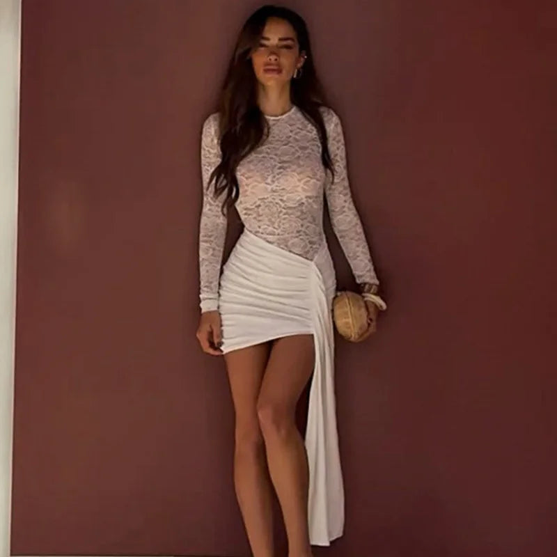 Glorol - Lace See Through Patchwork Hollow Out Lace Up Mini Dress