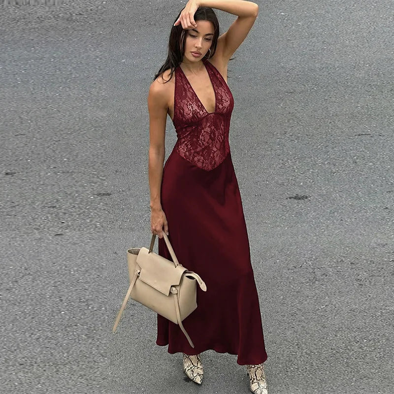 Glorol - Hollow Lace Backless Slim Maxi Dress