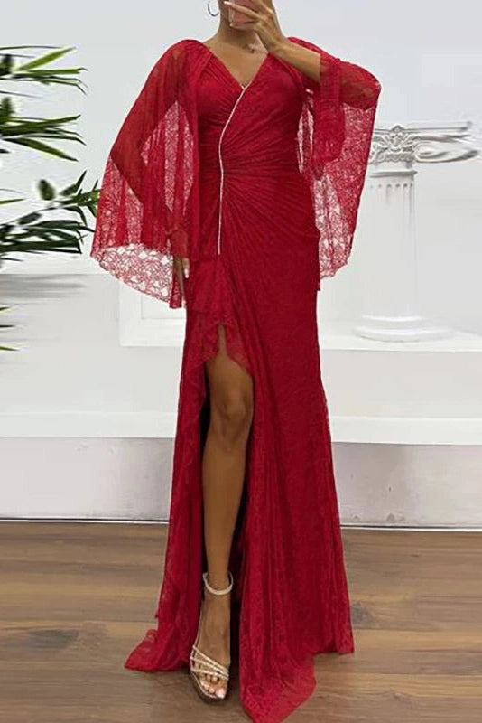 Glorol - Hollow Lace Embroidery V-Neck Slim Split High Waist Maxi Dress