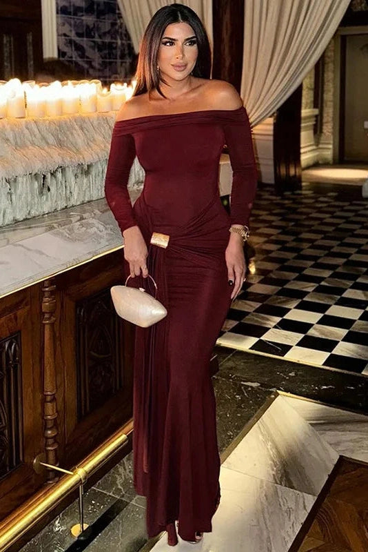 Glorol - Off-shoulder Strapless Long Sleeve Backless Maxi Dress