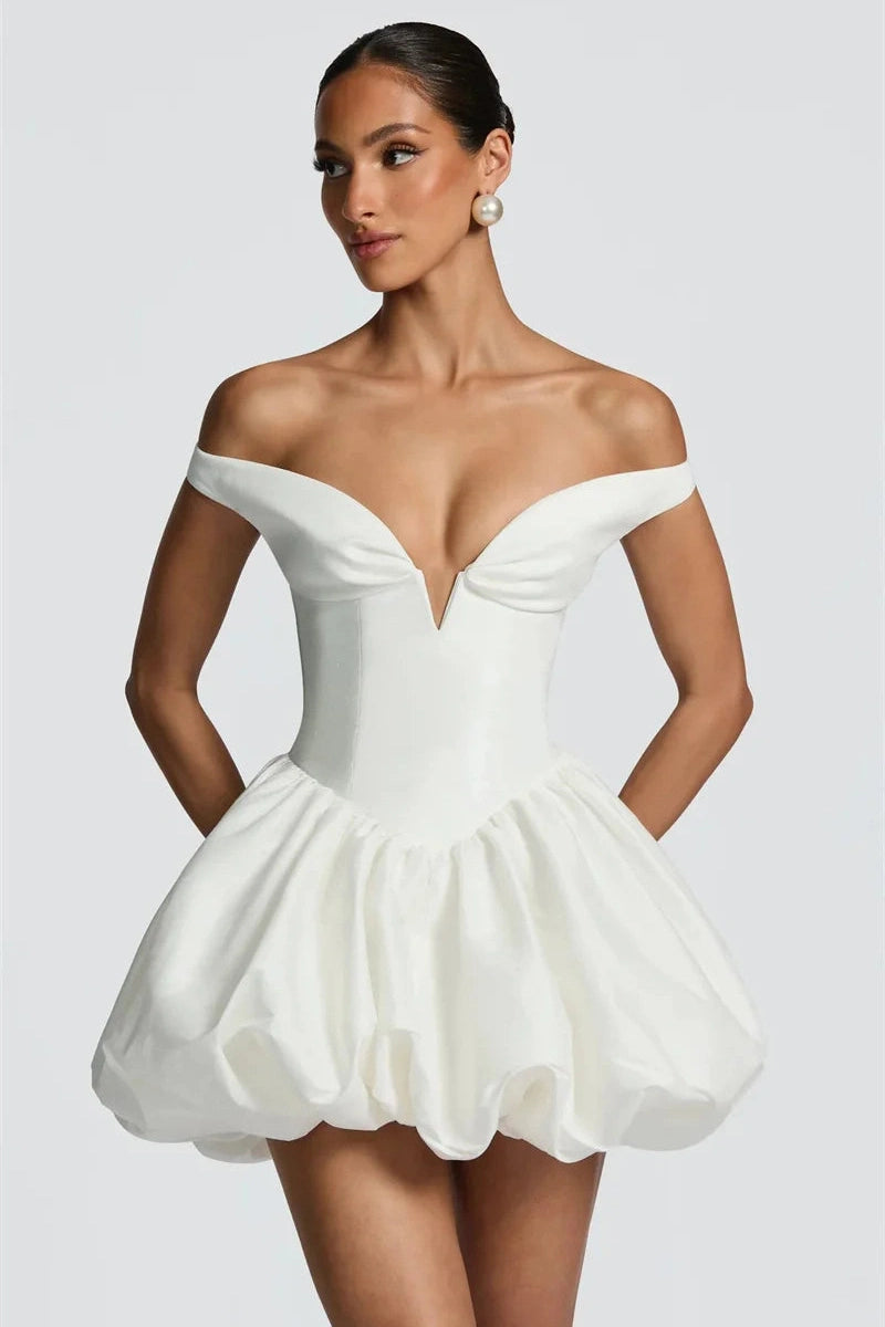 Glorol - Off-Shoulder Strapless Sleeveless  High Waist A-Line Mini Dress