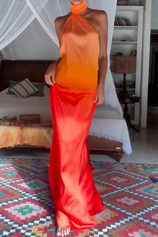 Glorol - Hollow Sleeveless Slim Printed Backless High Waist Maxi Dress