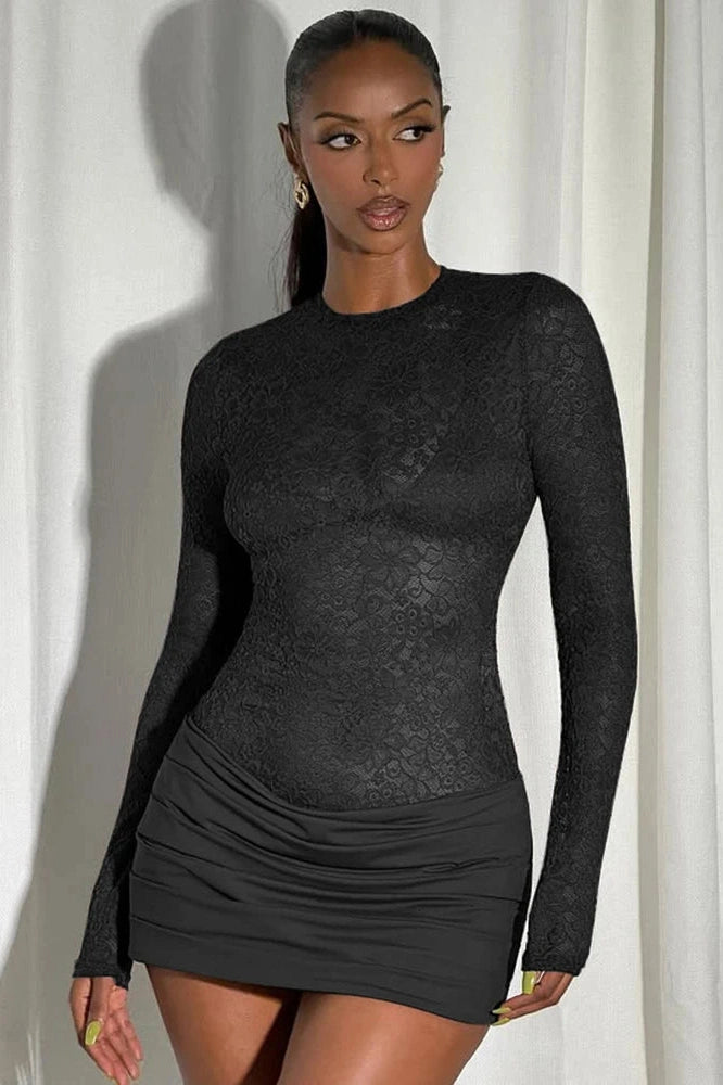 Glorol - Lace See Through O Neck High Waist Long Sleeve Mini Dress