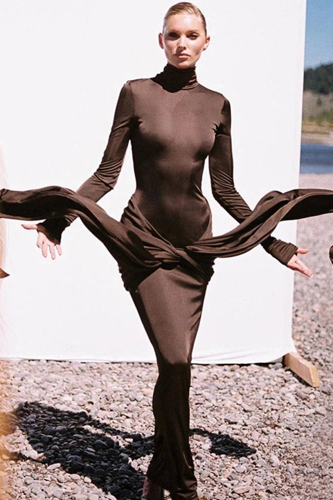 Glorol - Elegant Turtleneck Long Sleeve Bodycon Maxi Dress