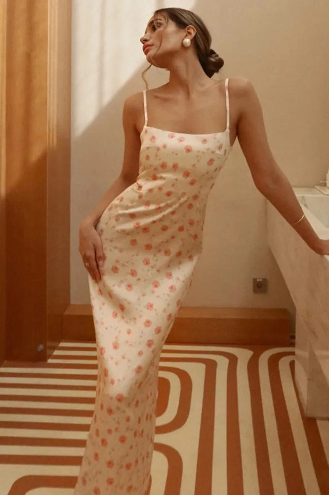 Glorol - Spaghetti Strap Print Sleeveless Backless Bodycon Maxi Dress