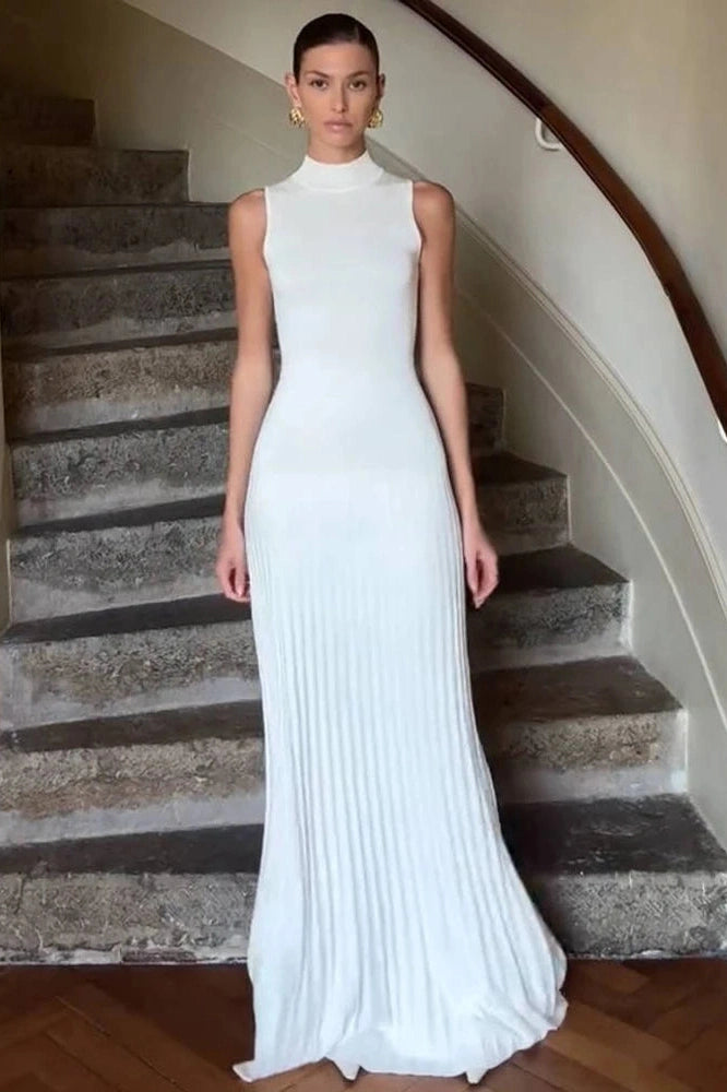 Glorol - High Collar Sleeveless Bodycon Pleated Maxi Dress
