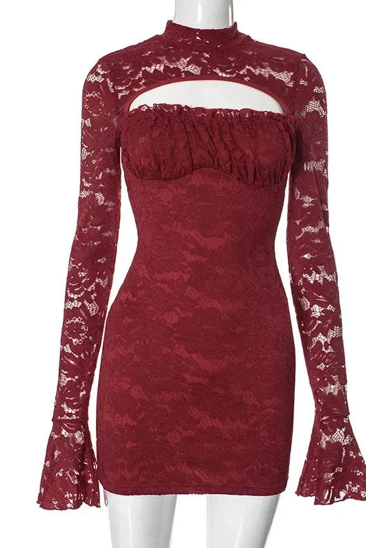 Glorol - Elegant Lace Hollow Out Slim Flare Sleeve Mini Dress