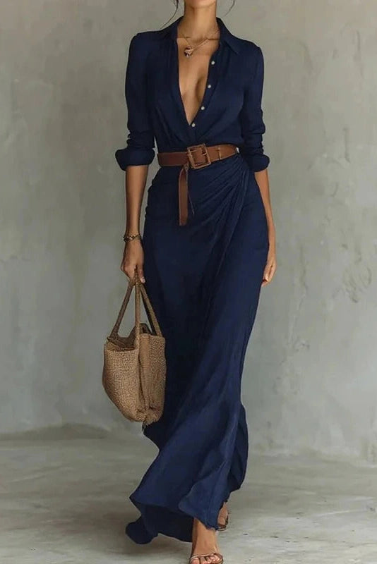Glorol - Elegant Long Sleeve High Waist Single Breasted Maxi Dress