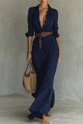 Glorol - Elegant Long Sleeve High Waist Single Breasted Maxi Dress